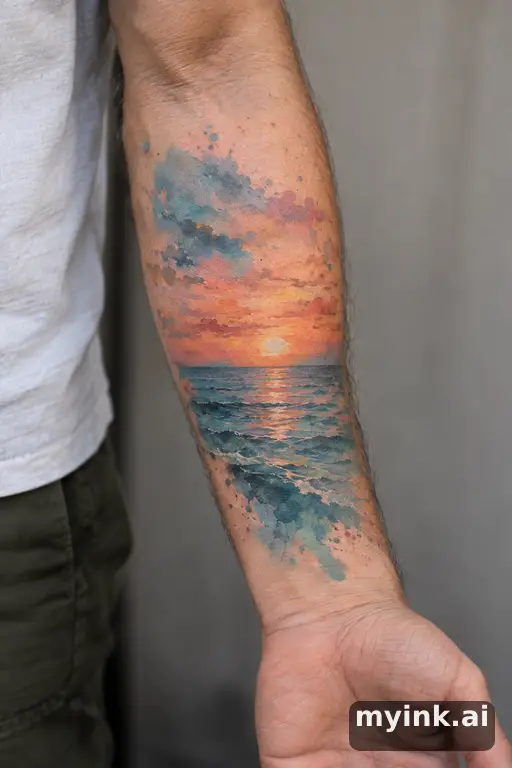 Sunset over the sea — Watercolor Memorial Tattoo reference image