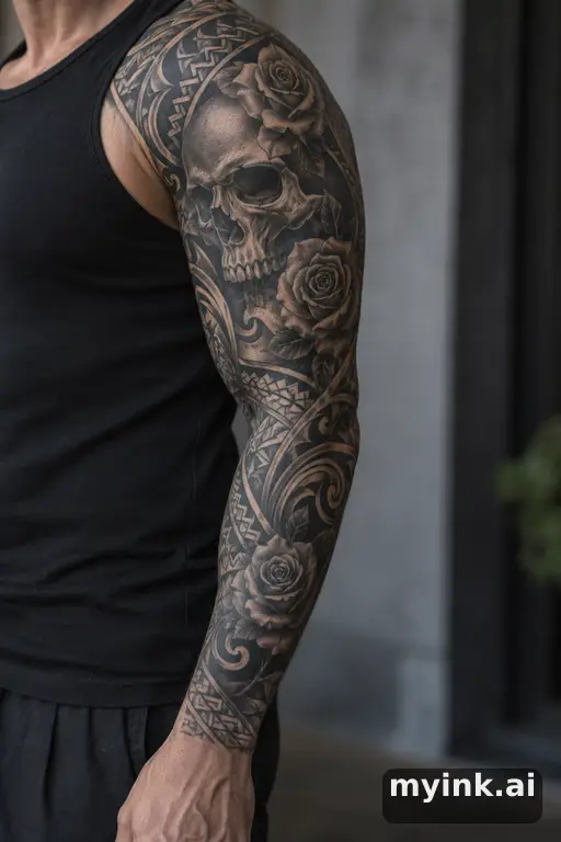 Skull with roses — Tribal Sleeve Tattoo reference image