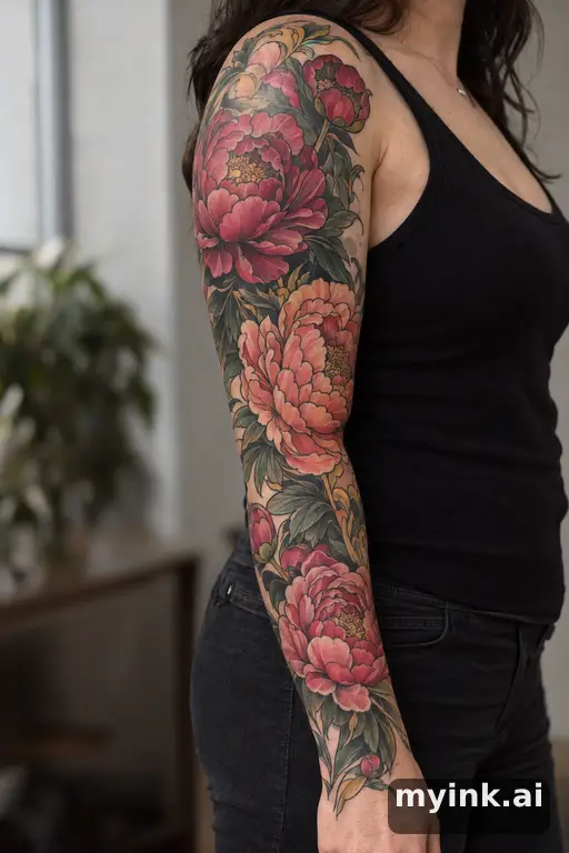 Blooming peony — Neo-Traditional Sleeve Tattoo reference image