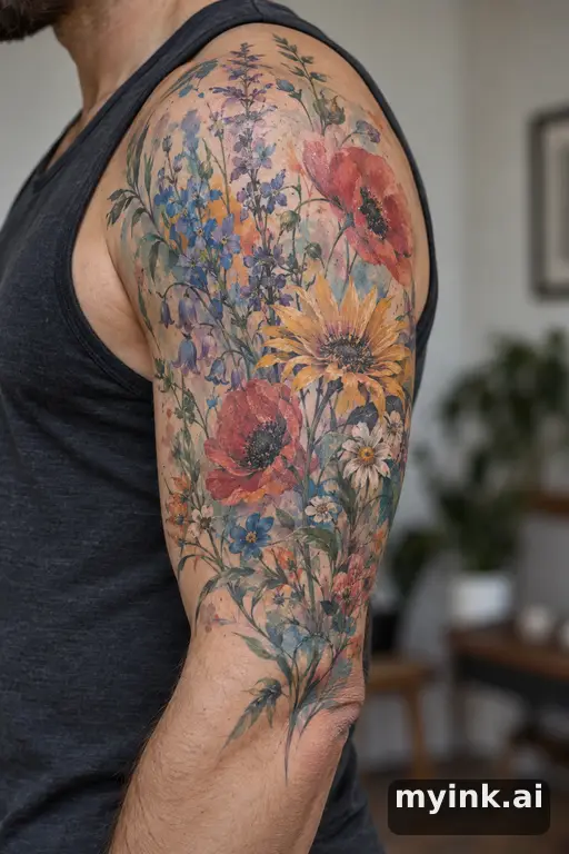 Botanical bouquet of wildflowers β Watercolor Half Sleeve Tattoo reference image