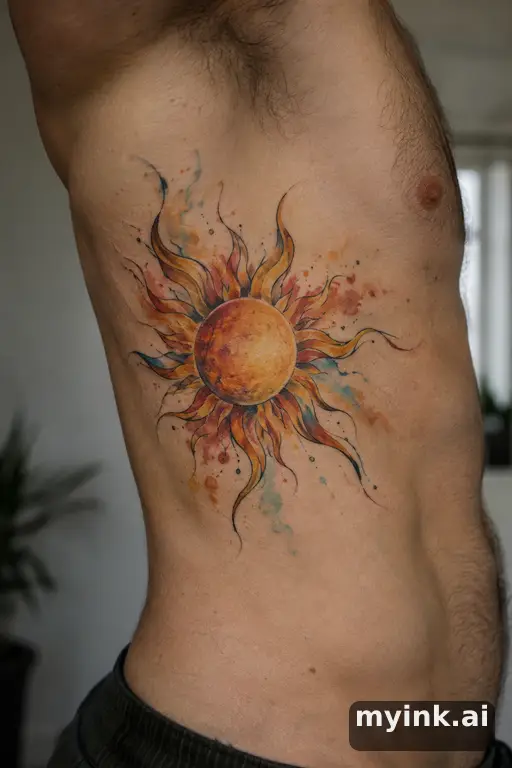 Sun with ornamental rays — Watercolor Rib Tattoo reference image