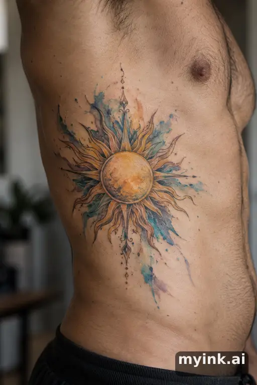 Sun with ornamental rays — Watercolor Rib Tattoo reference image