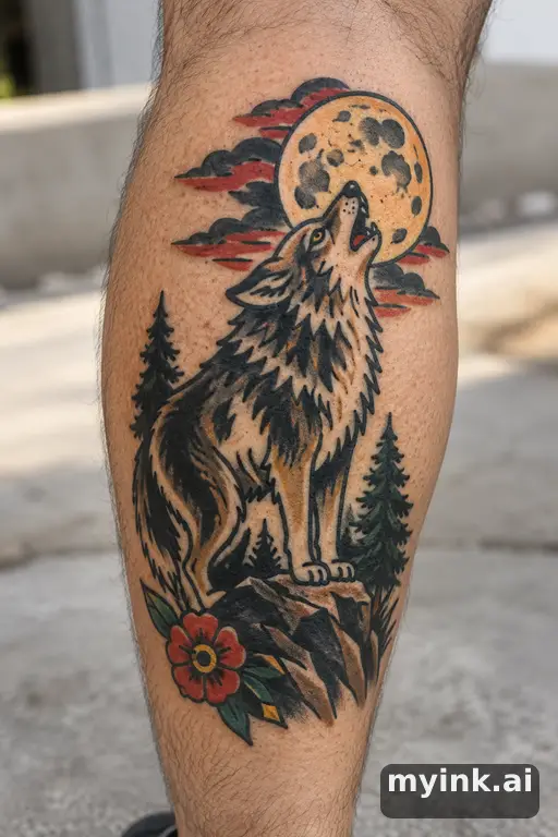 Wolf howling at the moon β Traditional Masculine Tattoo reference image