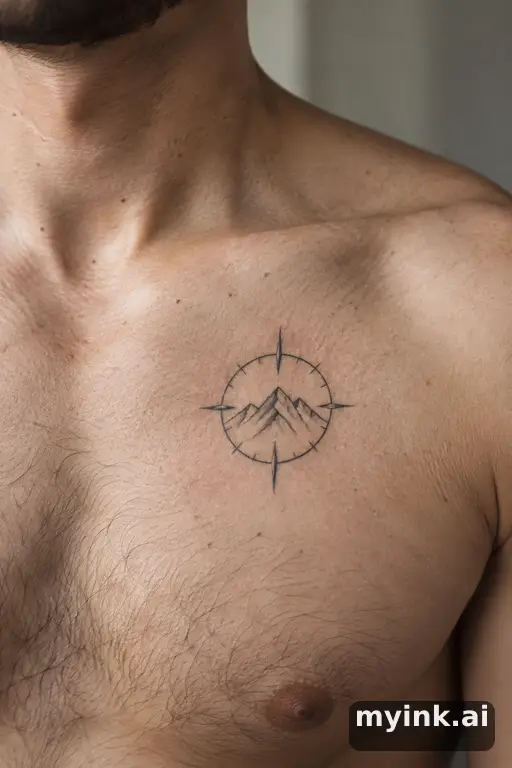 Compass with mountains inside β Minimalist Compass Tattoo reference image