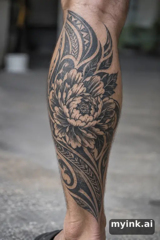 Blooming peony β Tribal Leg Tattoo reference image