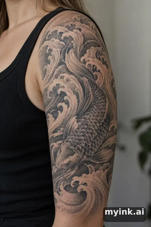 Koi fish in waves β Dotwork Half Sleeve Tattoo reference image