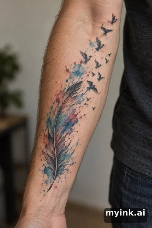 Feather releasing small birds — Watercolor Memorial Tattoo reference image
