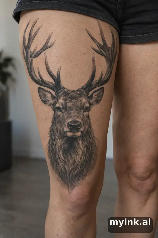 Stag head β Realistic Thigh Tattoo reference image
