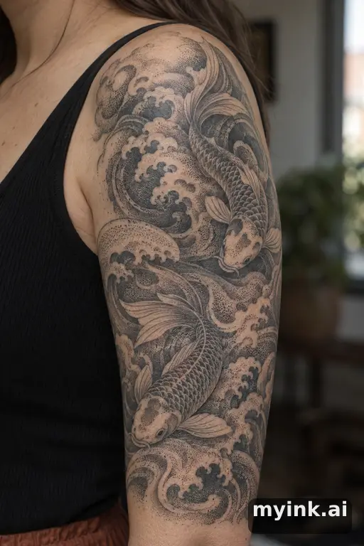 Koi fish in waves β Dotwork Half Sleeve Tattoo reference image