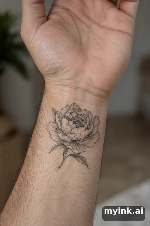 Blooming peony — Fine Line Tattoo reference image