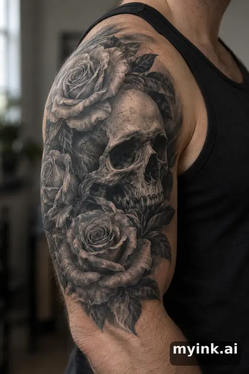 Skull with roses β Realistic Half Sleeve Tattoo reference image