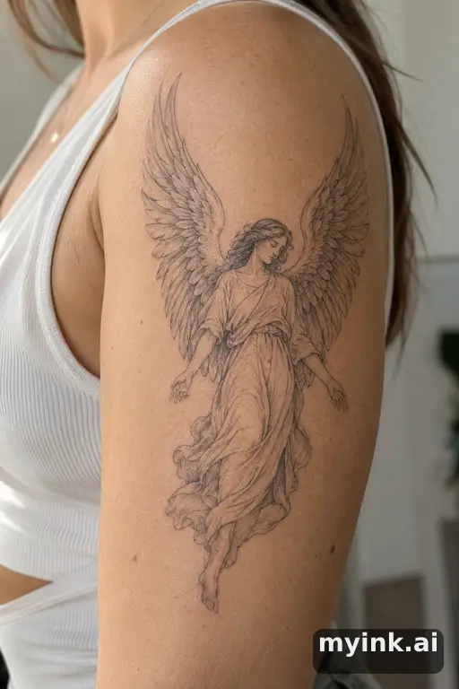 Angel with wings — Fine Line Tattoo reference image
