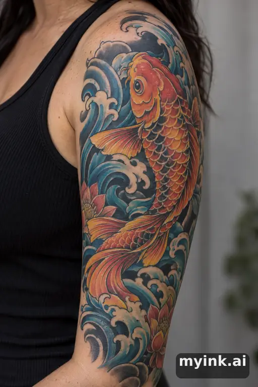 Koi fish in waves β Neo-Traditional Half Sleeve Tattoo reference image