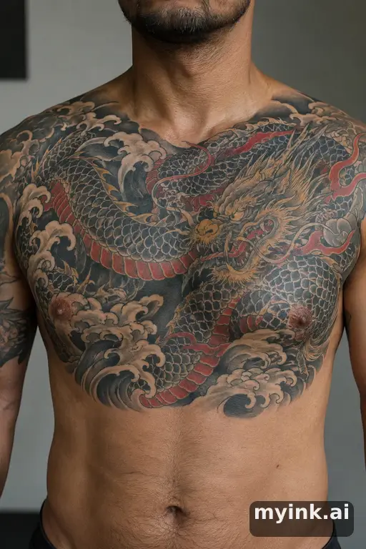 Coiled dragon β Japanese Chest Tattoo reference image