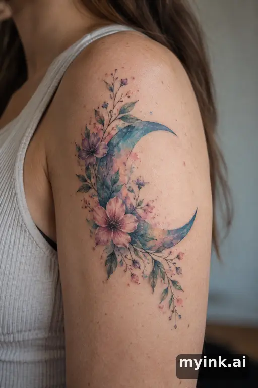 Crescent moon with flowers — Watercolor Moon Tattoo reference image