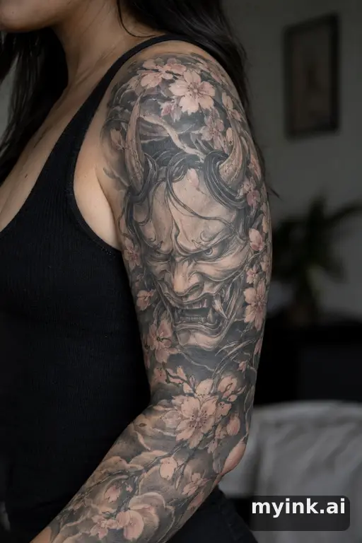 Hannya mask with cherry blossoms — Realistic Half Sleeve Tattoo reference image