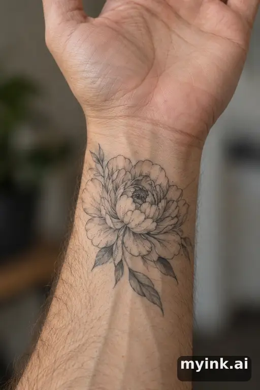 Blooming peony — Fine Line Tattoo reference image