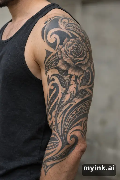 Rose with thorny stem β Tribal Half Sleeve Tattoo reference image