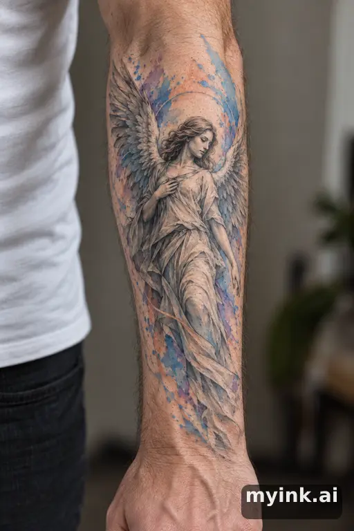 Angel with wings — Watercolor Forearm Tattoo reference image