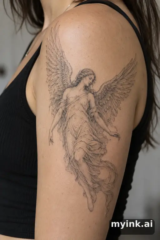 Angel with wings — Fine Line Tattoo reference image