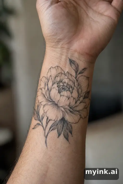 Blooming peony — Fine Line Tattoo reference image