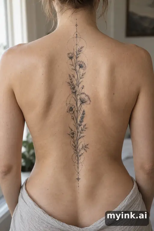 Botanical bouquet of wildflowers — Geometric Spine Tattoo reference image