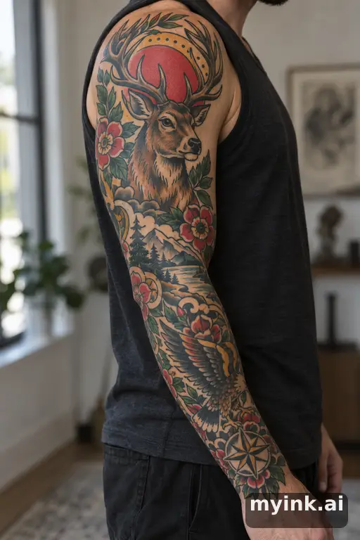 Stag head with large antlers — Traditional Sleeve Tattoo reference image