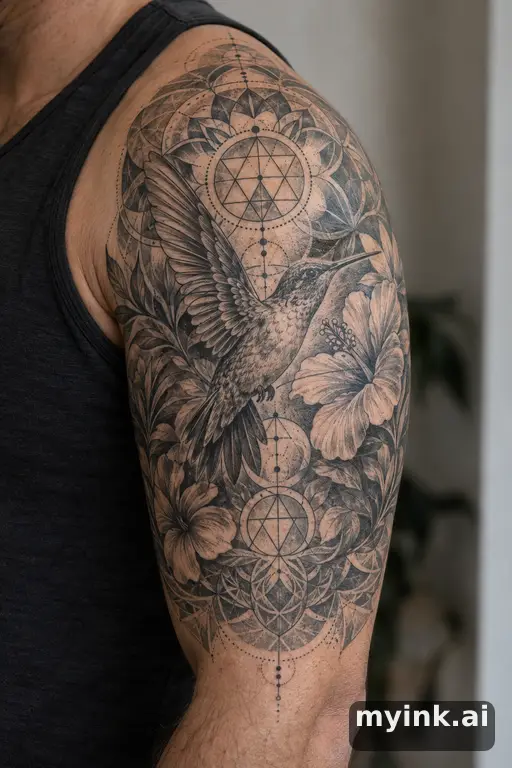 Hummingbird with flowers β Geometric Half Sleeve Tattoo reference image