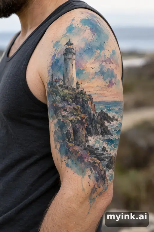 Lighthouse on a rocky cliff β Watercolor Half Sleeve Tattoo reference image
