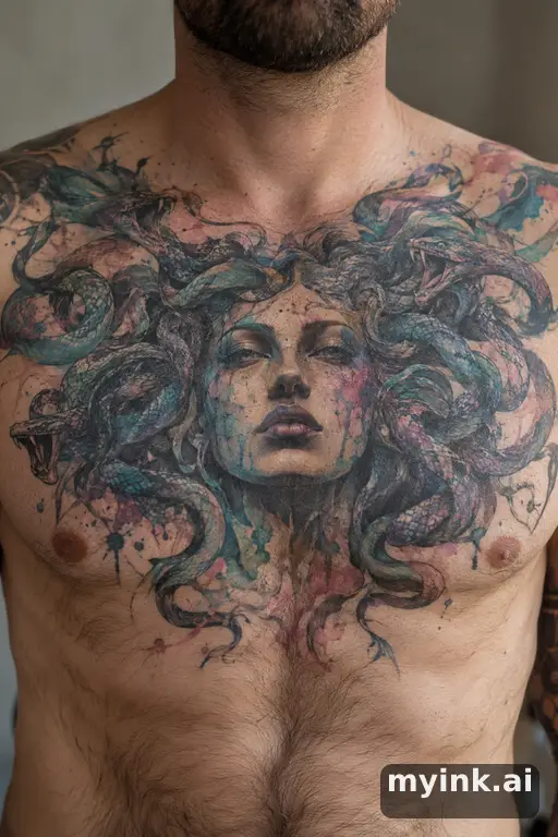 Medusa head with snake hair β Watercolor Chest Tattoo reference image