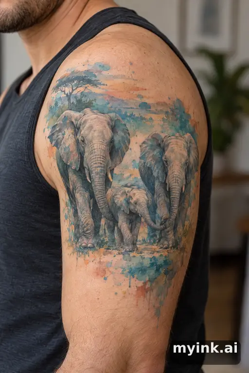 Elephant family walking together — Watercolor Family Tattoo reference image