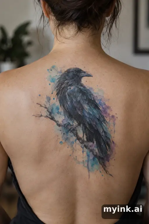 Raven perched on a branch β Watercolor Back Tattoo reference image
