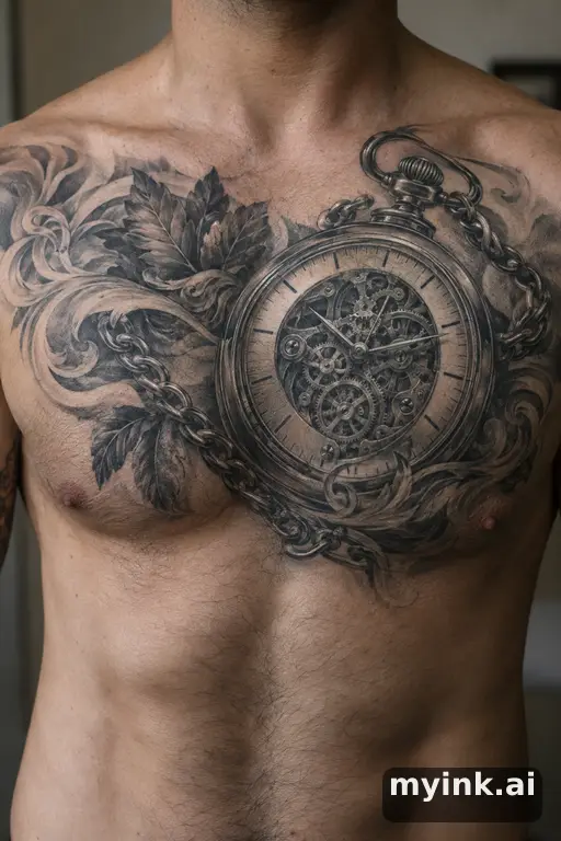 Pocket watch with exposed gears — Realistic Chest Tattoo reference image