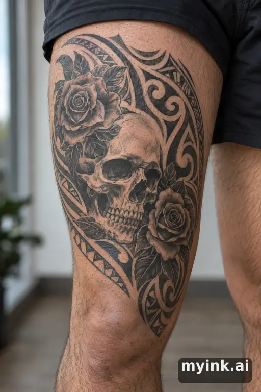 Skull with roses β Tribal Thigh Tattoo reference image