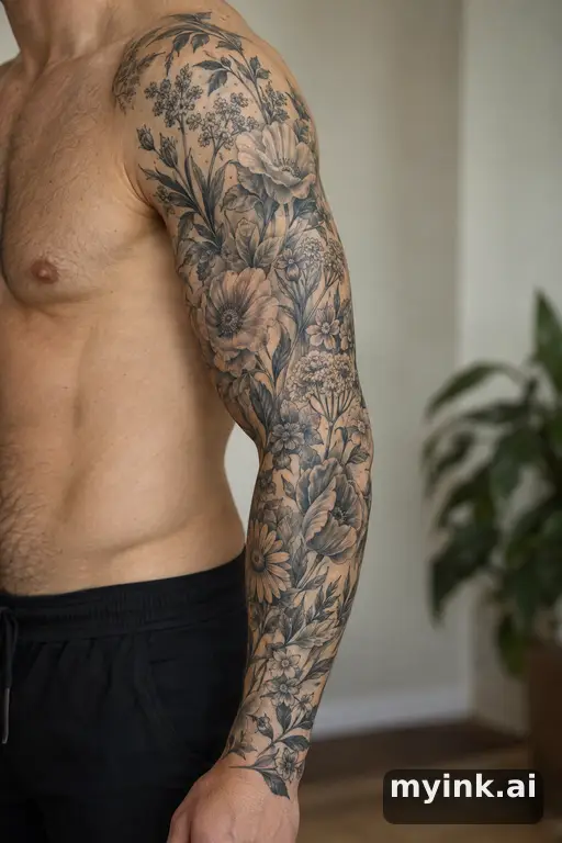 Botanical bouquet of wildflowers — Realistic Sleeve Tattoo reference image