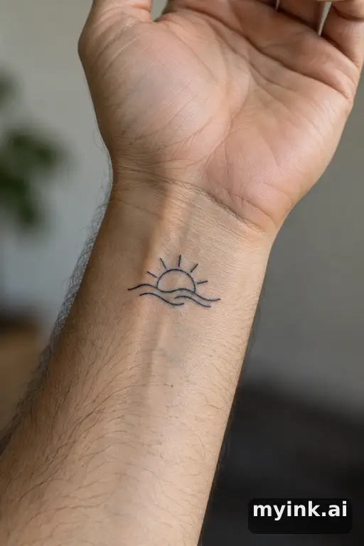Rising sun over waves — Minimalist Sun Tattoo reference image