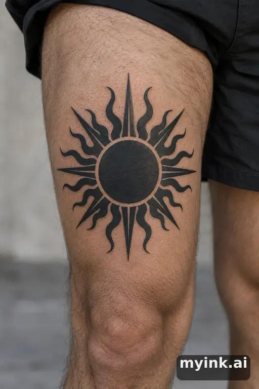 Sun with ornamental rays β Blackwork Thigh Tattoo reference image