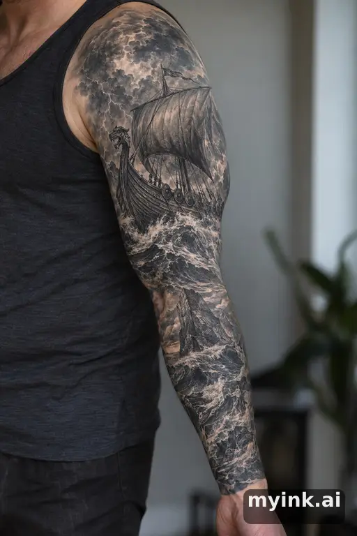 Viking longship on stormy seas — Realistic Sleeve Tattoo reference image