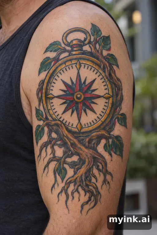 Compass with intertwined roots — Traditional Family Tattoo reference image