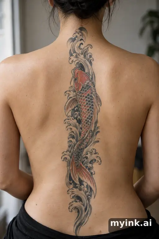 Koi fish in waves — Japanese Spine Tattoo reference image