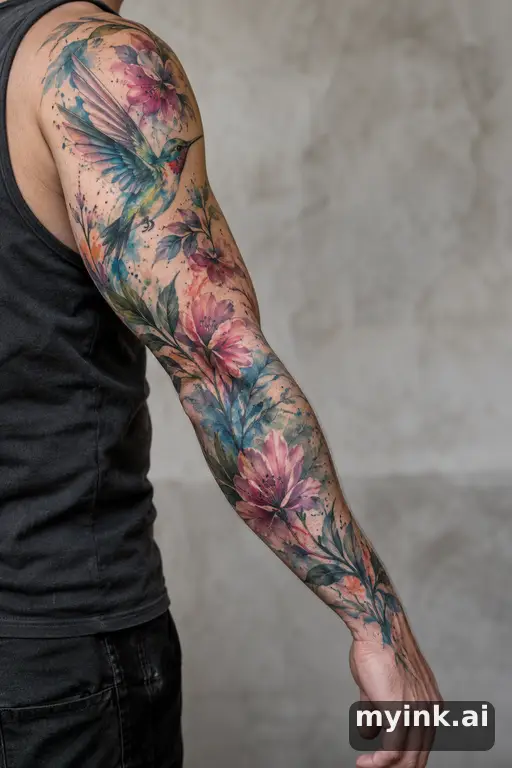 Hummingbird with flowers — Watercolor Sleeve Tattoo reference image