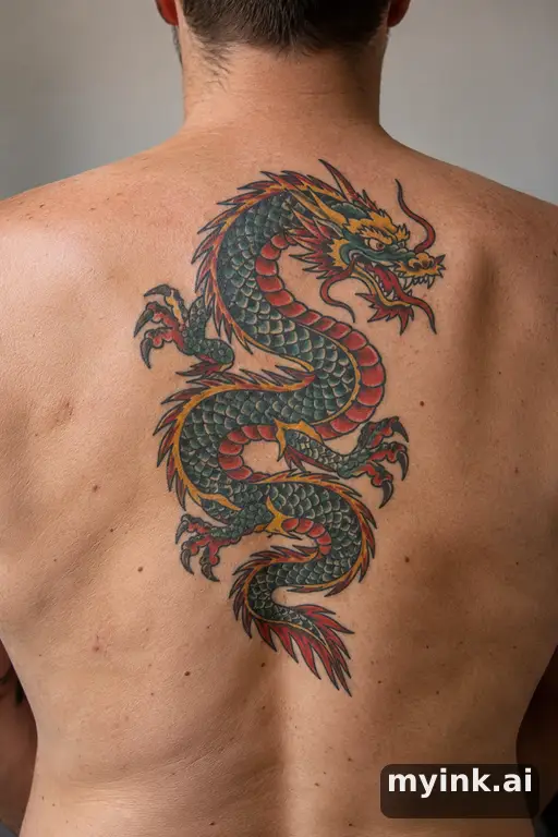 Coiled dragon β Traditional Back Tattoo reference image
