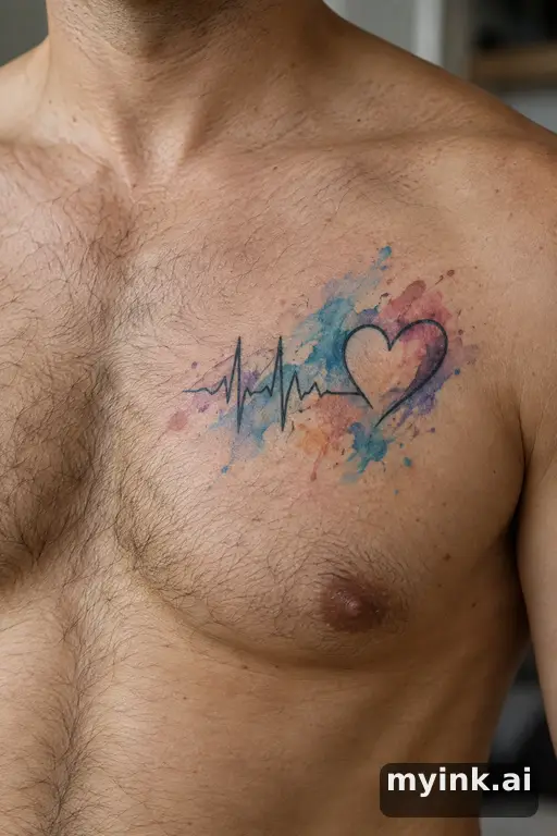 Heartbeat line ending in a heart — Watercolor Memorial Tattoo reference image