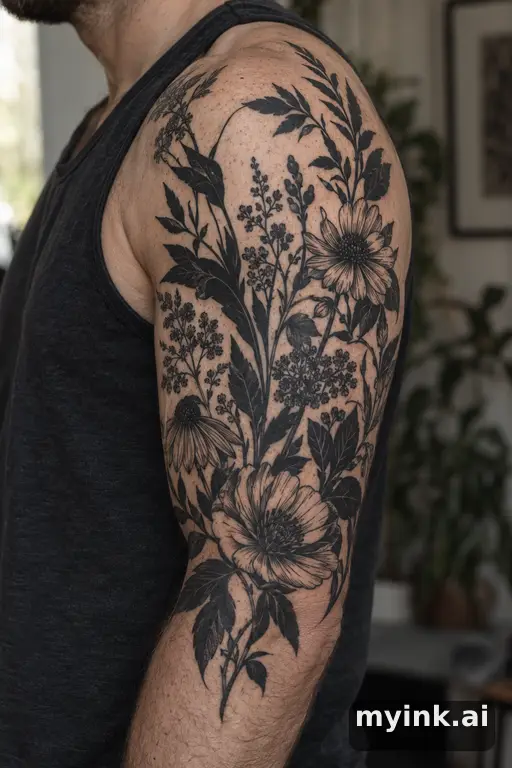 Botanical bouquet of wildflowers β Blackwork Masculine Tattoo reference image
