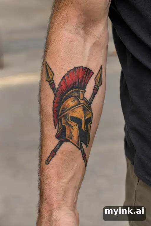 Spartan helmet with crossed spears — Traditional Forearm Tattoo reference image