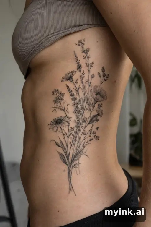 Botanical bouquet of wildflowers — Dotwork Tattoo for Women reference image