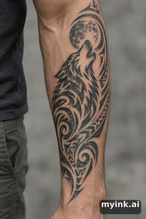 Wolf howling at the moon — Tribal Forearm Tattoo reference image