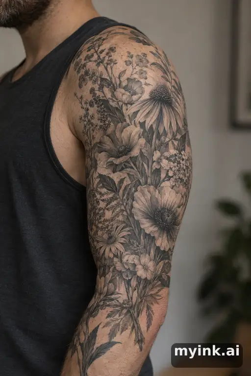 Botanical bouquet of wildflowers β Realistic Half Sleeve Tattoo reference image