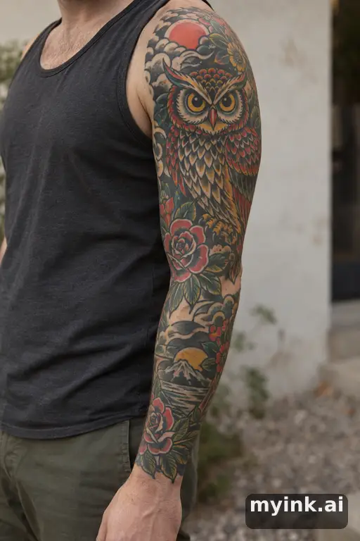 Owl — Traditional Sleeve Tattoo reference image