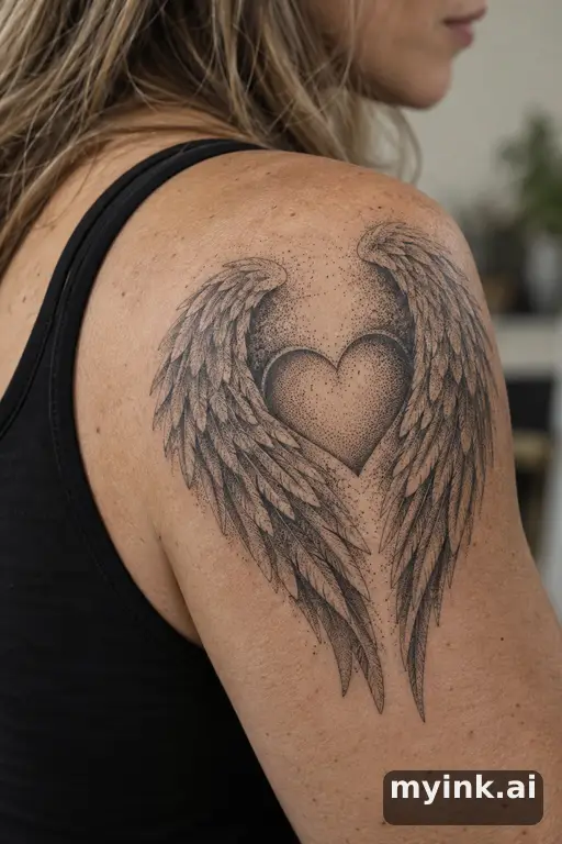 Angel wings around a heart — Dotwork Memorial Tattoo reference image